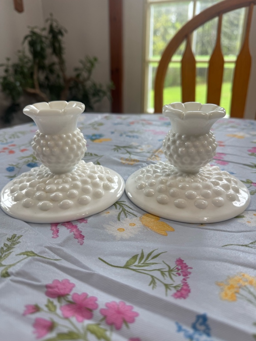 Vintage White Hobnail Milk Glass Candle Holders - Set of 2